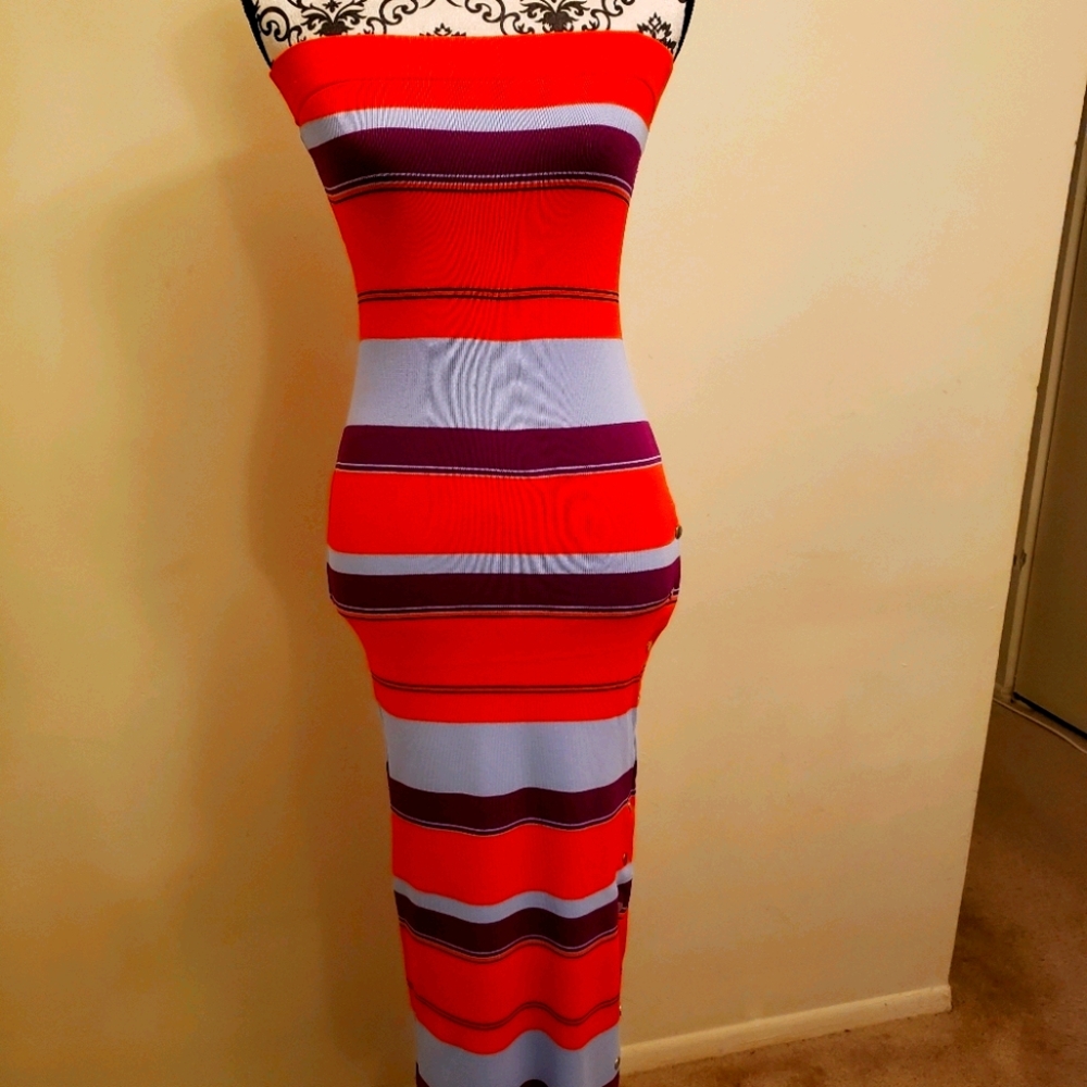 Striped Multicolored Tube Dress with Button Accent